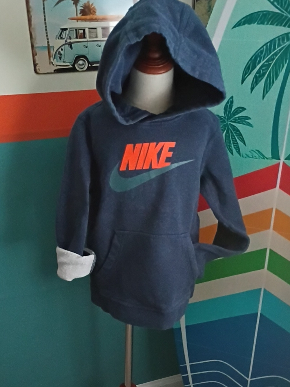 Nike Kids Navy Blue Pullover Hoodie with Orange Logo